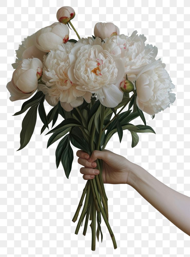 PNG A hand delicately holding a bouquet of peonies painting flower fragility.