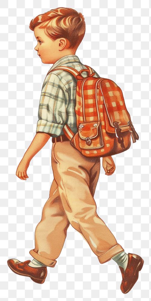 PNG Vintage illustration boy walking art backpack.