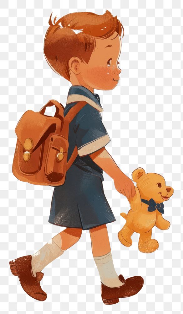PNG Vintage illustration boy walking cartoon bag.