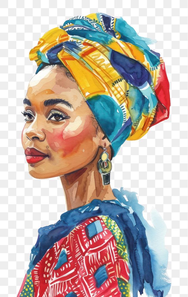 PNG Portrait of african woman wearing colorful outfit turban adult art.