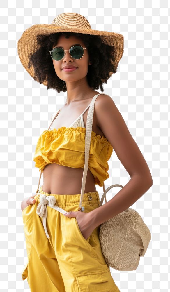 PNG Photo of woman wearing summer outfit travel adult white background.