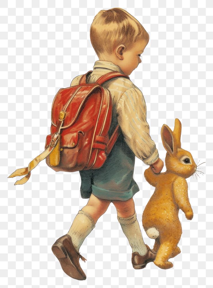 PNG Vintage illustration boy rabbit footwear backpack walking