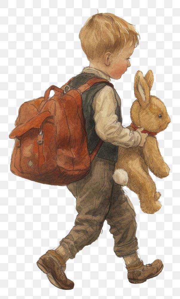 PNG Vintage illustration boy rabbit backpack footwear walking.