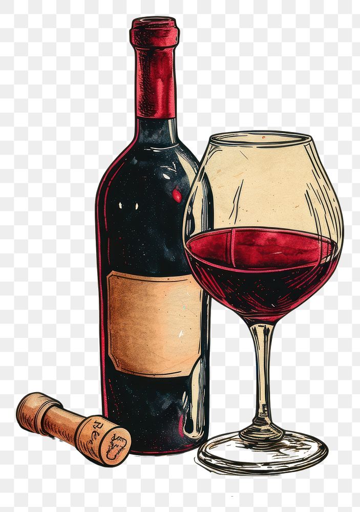 PNG Vintage illustration of red wine bottle glass drink