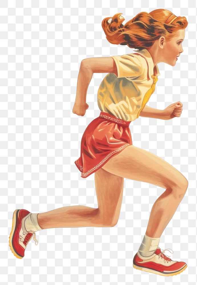 PNG Vintage illustration of a girl running art footwear shorts.