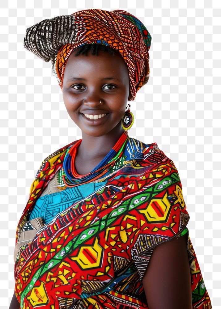 PNG Kenyan african village girl in traditional costume cloth portrait smiling adult.