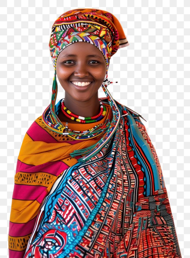 PNG Kenyan african village girl in traditional costume cloth smiling scarf adult.