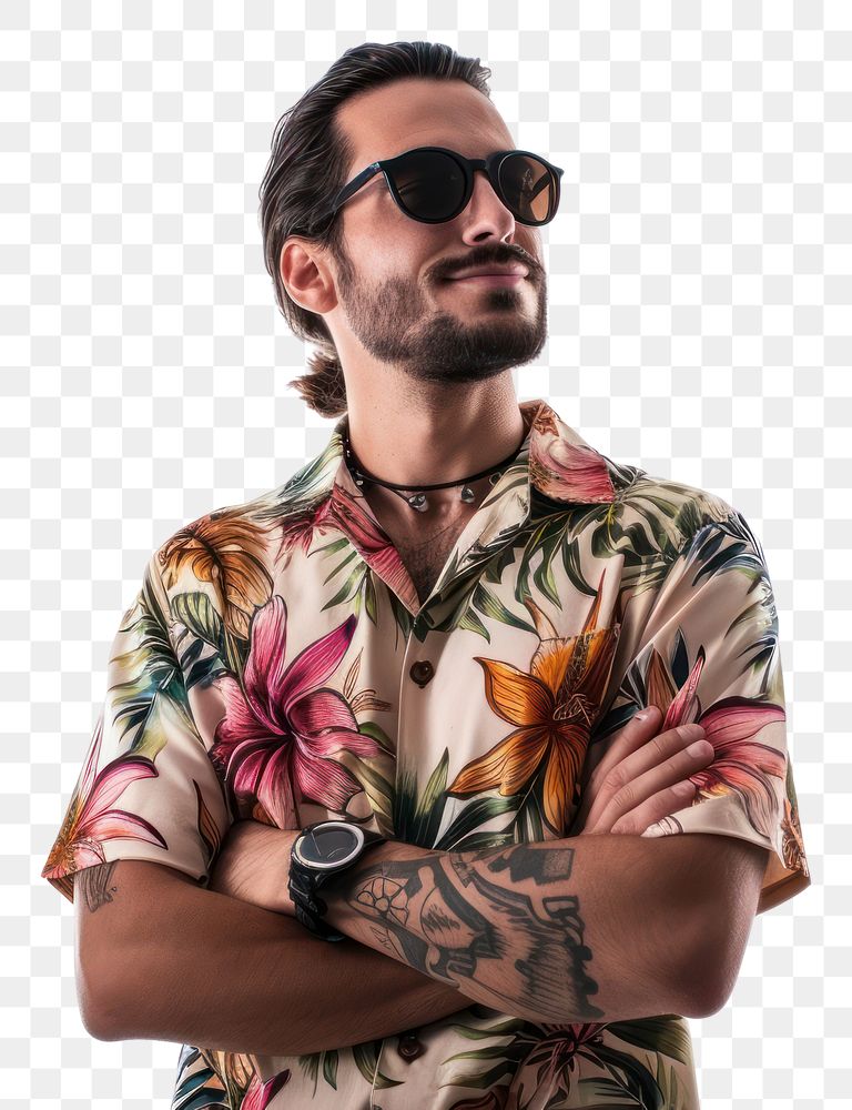 PNG Man wear Hawaiian shirt sleeve adult white background.