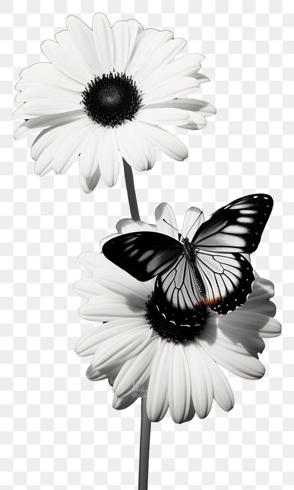 PNG  Butterfly on flowers monochrome animal insect.