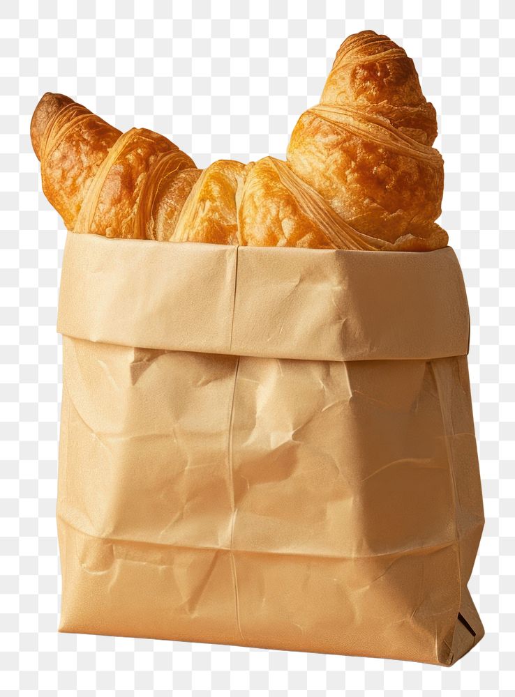 PNG  Croissant in th snack paper bag mockup bread food viennoiserie.