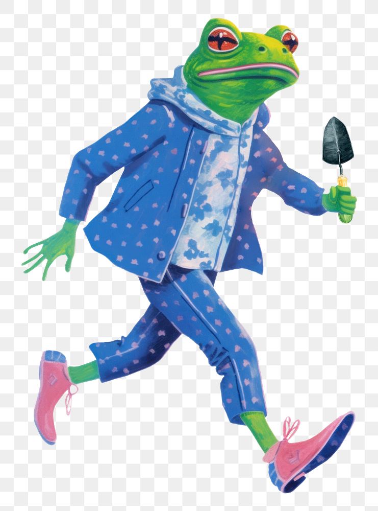 Frog character png holding garden trowel digital art illustration, transparent background