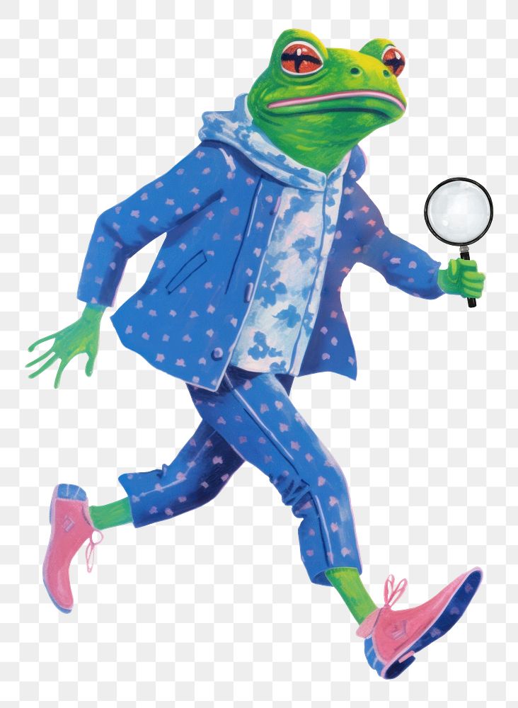 Frog character png holding magnifying glass digital art illustration, transparent background