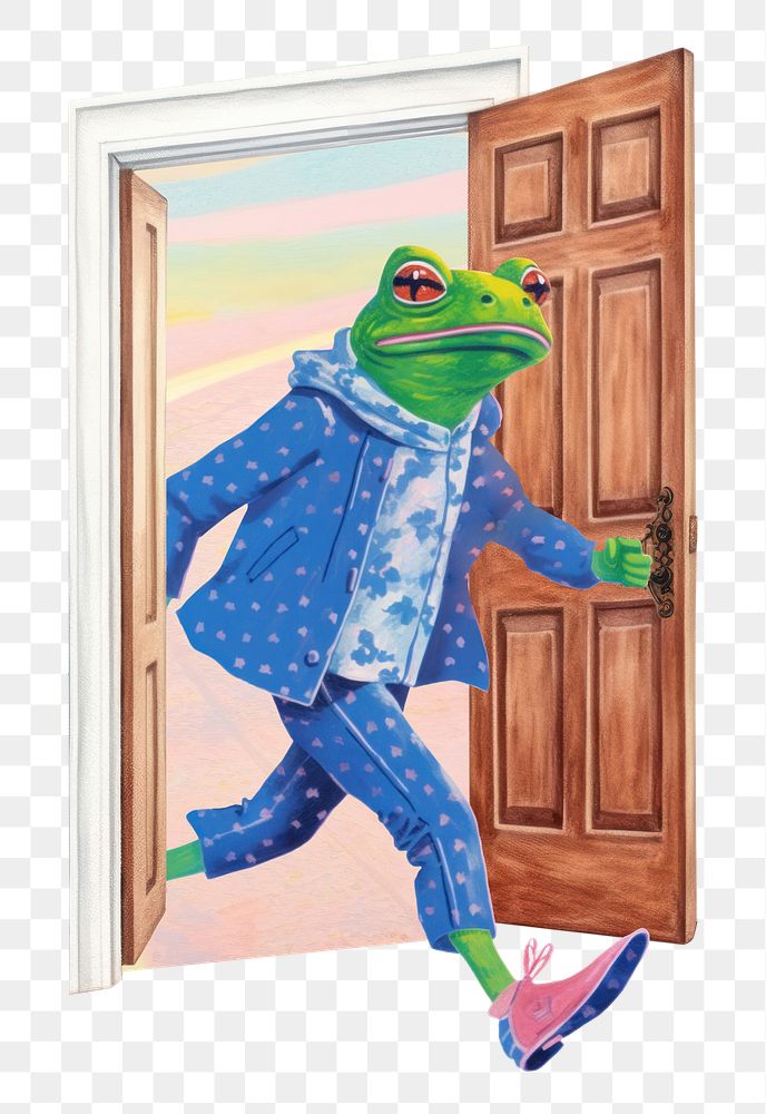 Frog character png walks through door digital art illustration, transparent background