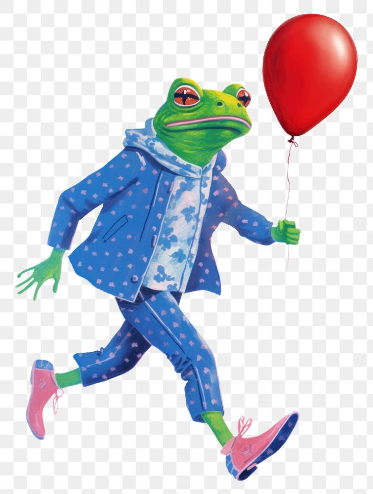 Frog character png holding red balloon digital art illustration, transparent background