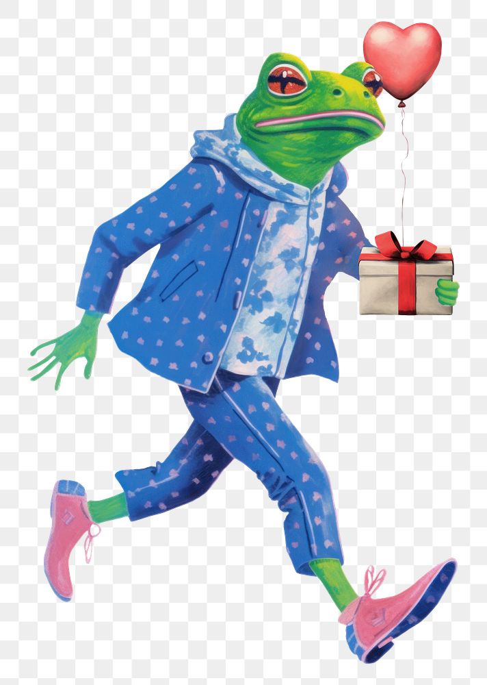 Frog character png holding present & balloon digital art illustration, transparent background