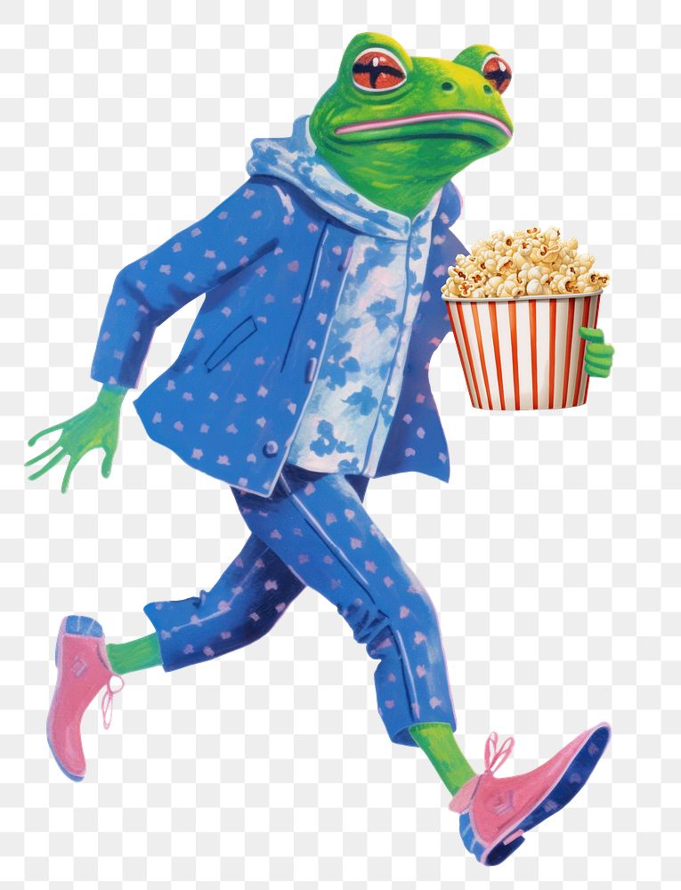 Frog character png holding popcorn digital art illustration, transparent background