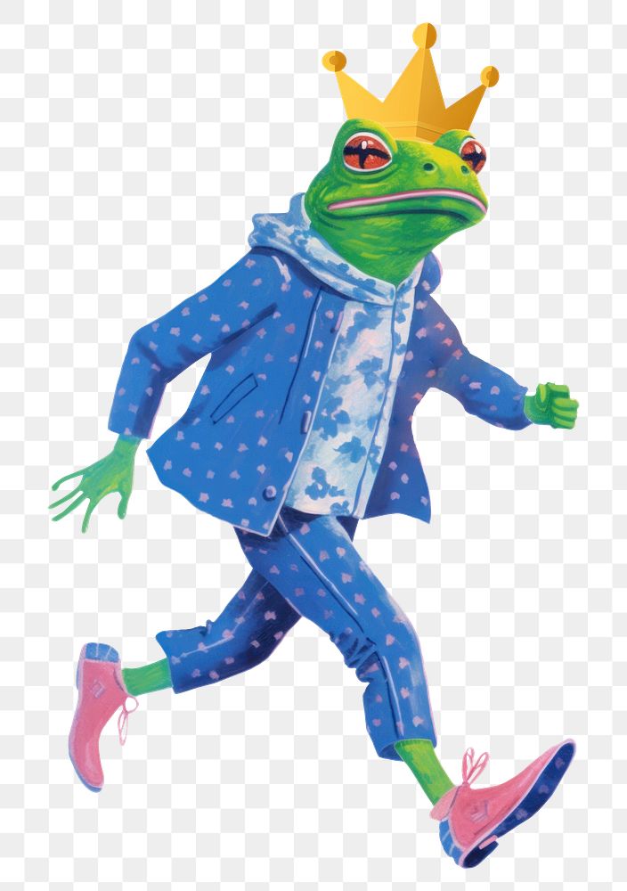 Frog character png with crown digital art illustration, transparent background
