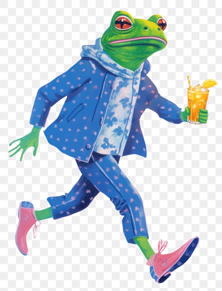 Frog character png holding orange juice digital art illustration, transparent background