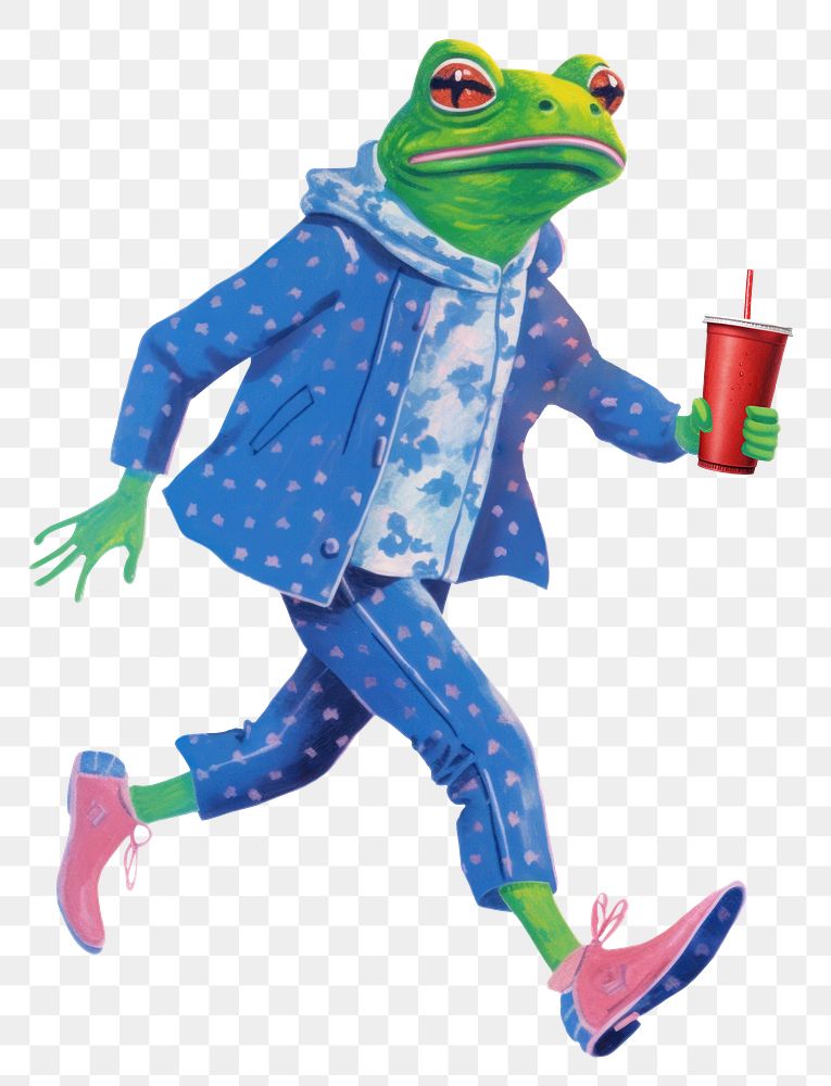 Frog character png holding soda cup digital art illustration, transparent background