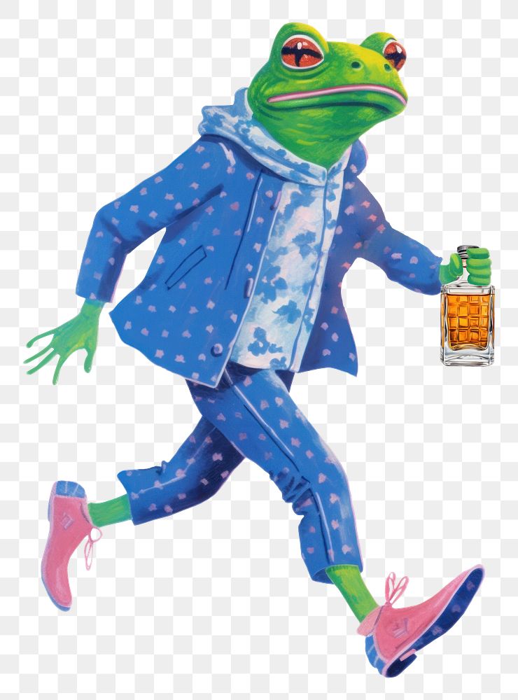 Frog character png holding whiskey bottle digital art illustration, transparent background