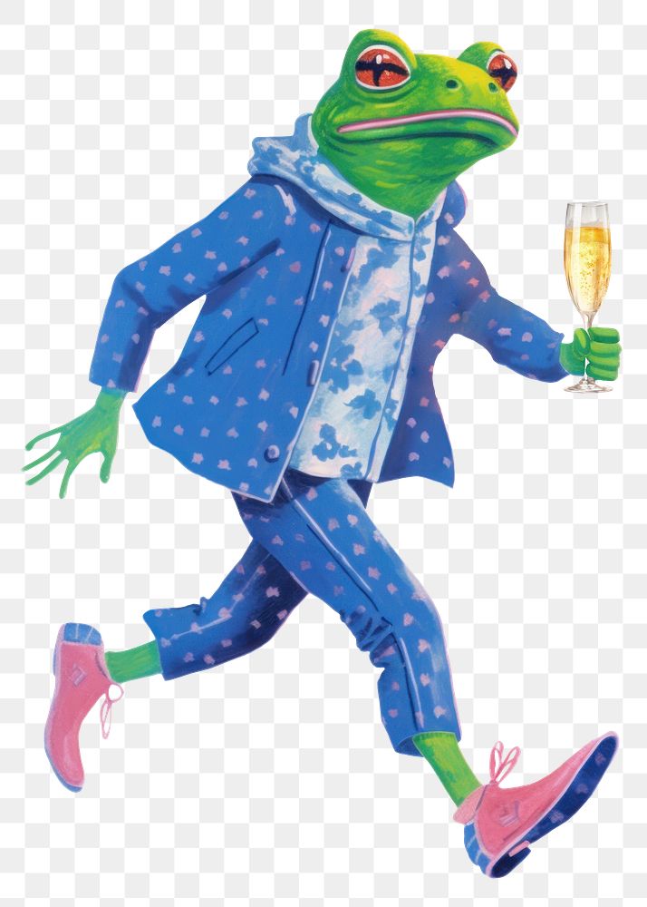 Frog character png holding champagne flute digital art illustration, transparent background