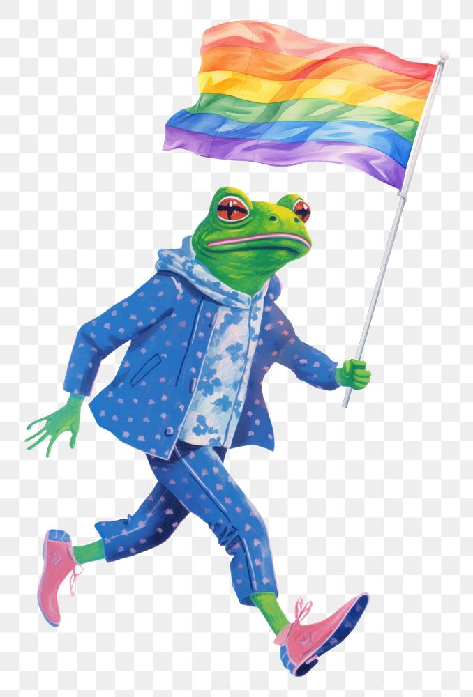 Frog character png holding LGBTQ+ flag digital art illustration, transparent background