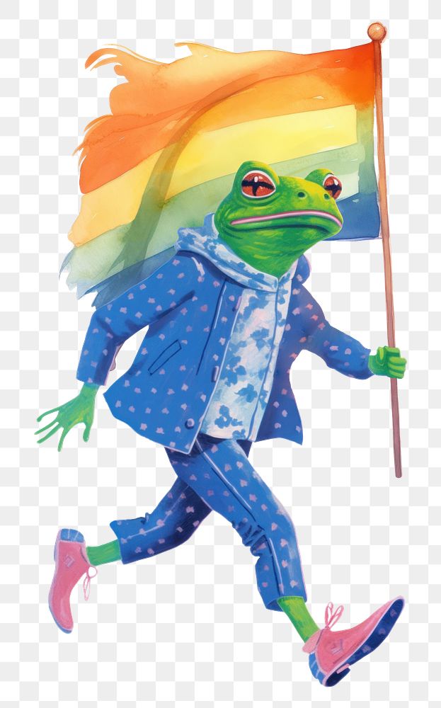 Frog character png holding LGBTQ+ flag digital art illustration, transparent background