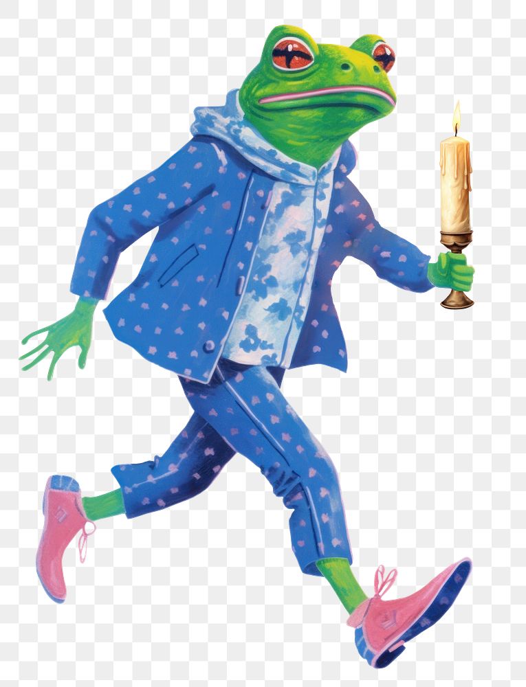 Frog character png holding candle digital art illustration, transparent background