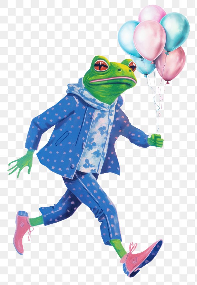 Frog character png holding balloons digital art illustration, transparent background
