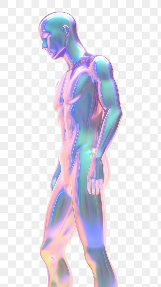PNG  Human standing sculpture iridescent white background futuristic creativity.