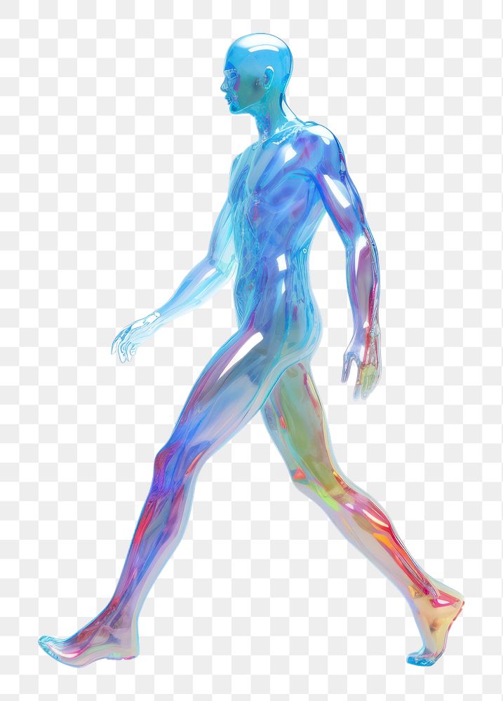 PNG  Walking human sculpture iridescent adult white background exercising.