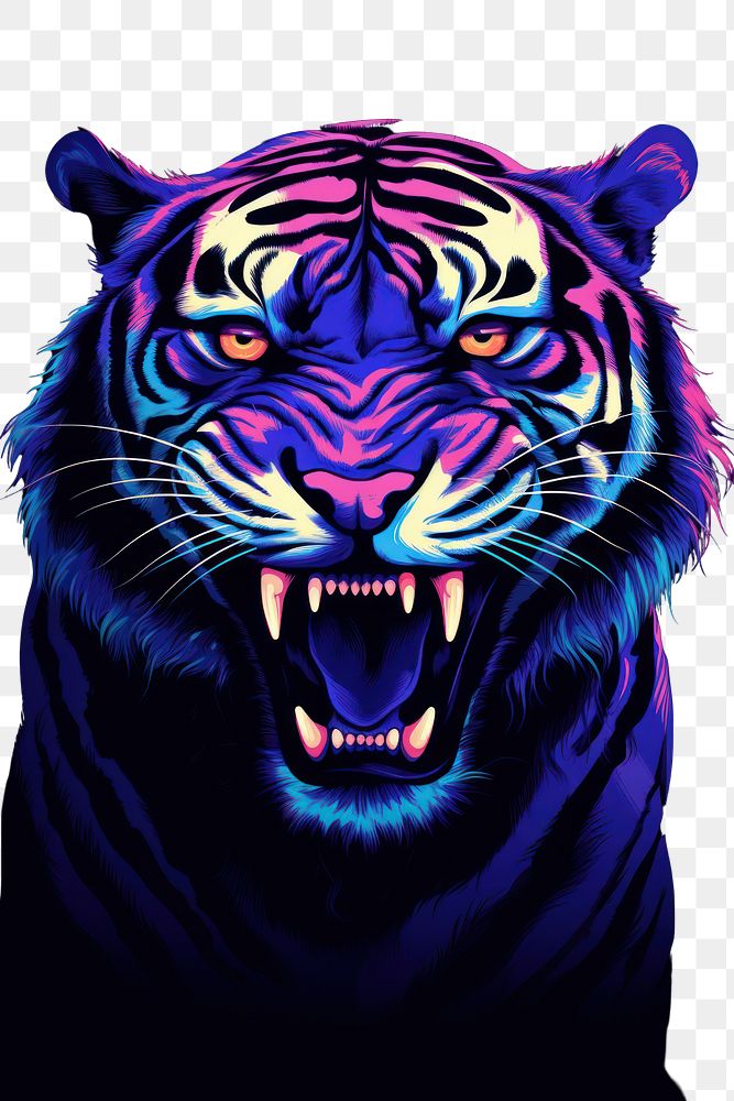 PNG Illustration roaring tiger neon rim light wildlife portrait animal.