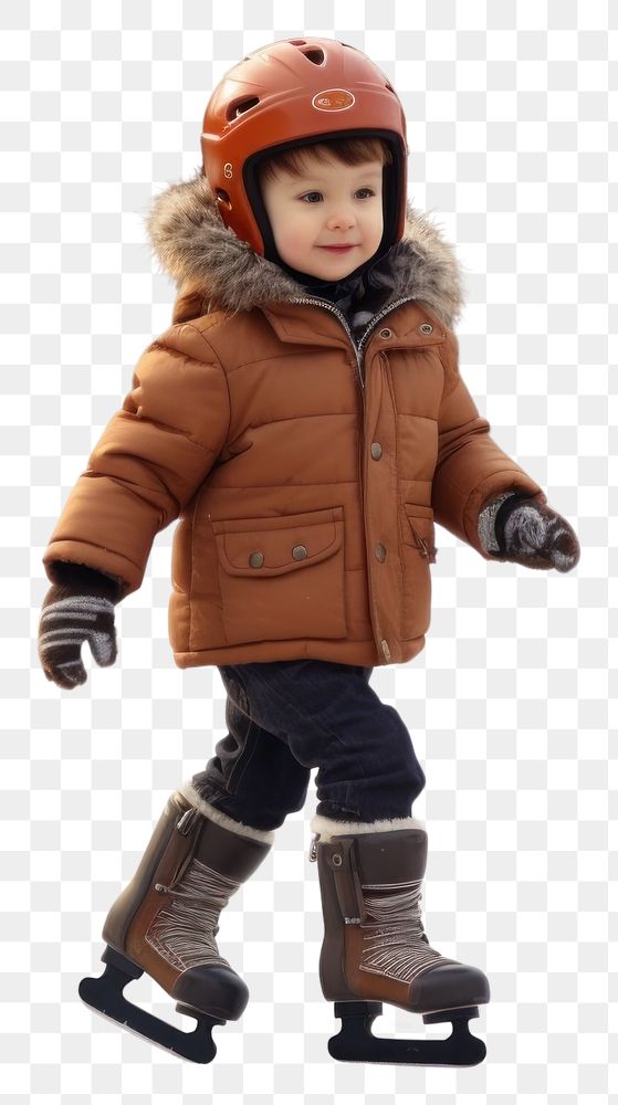 PNG  Adorable little boy in winter clothes skating protection footwear.