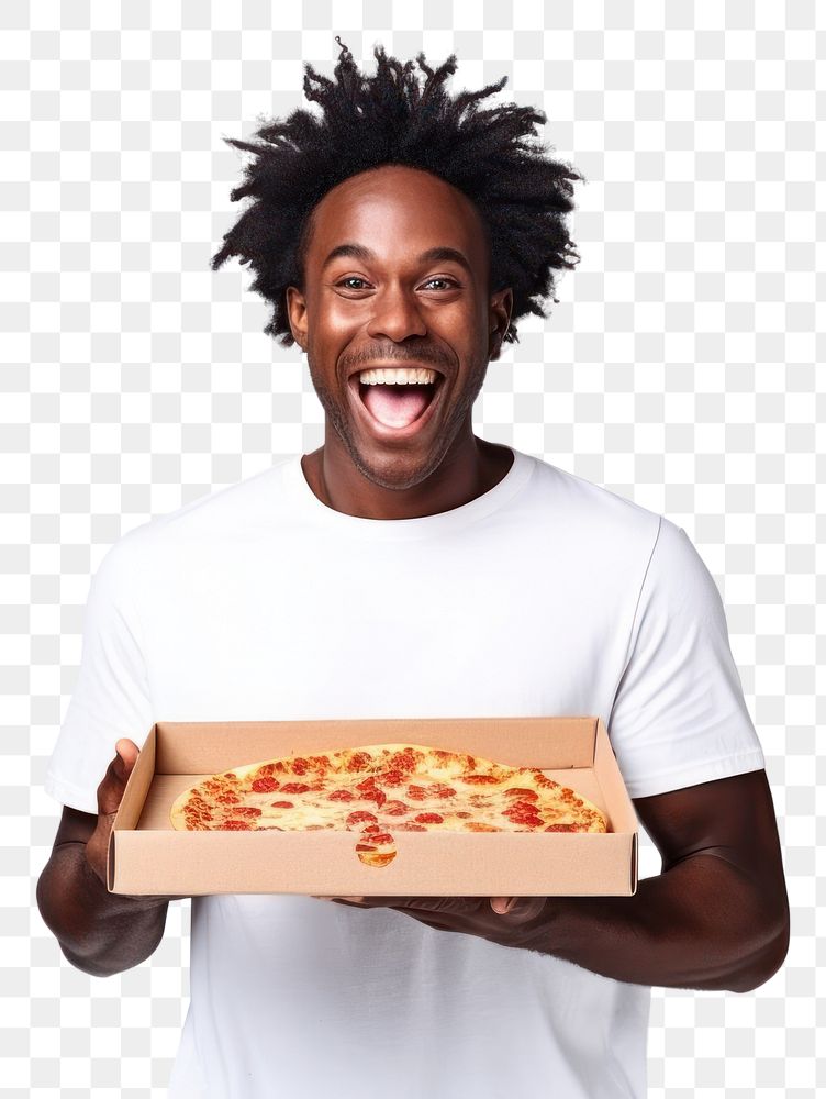 PNG Joyful african american man in white t-shirt holds box of pizza food adult fast food.