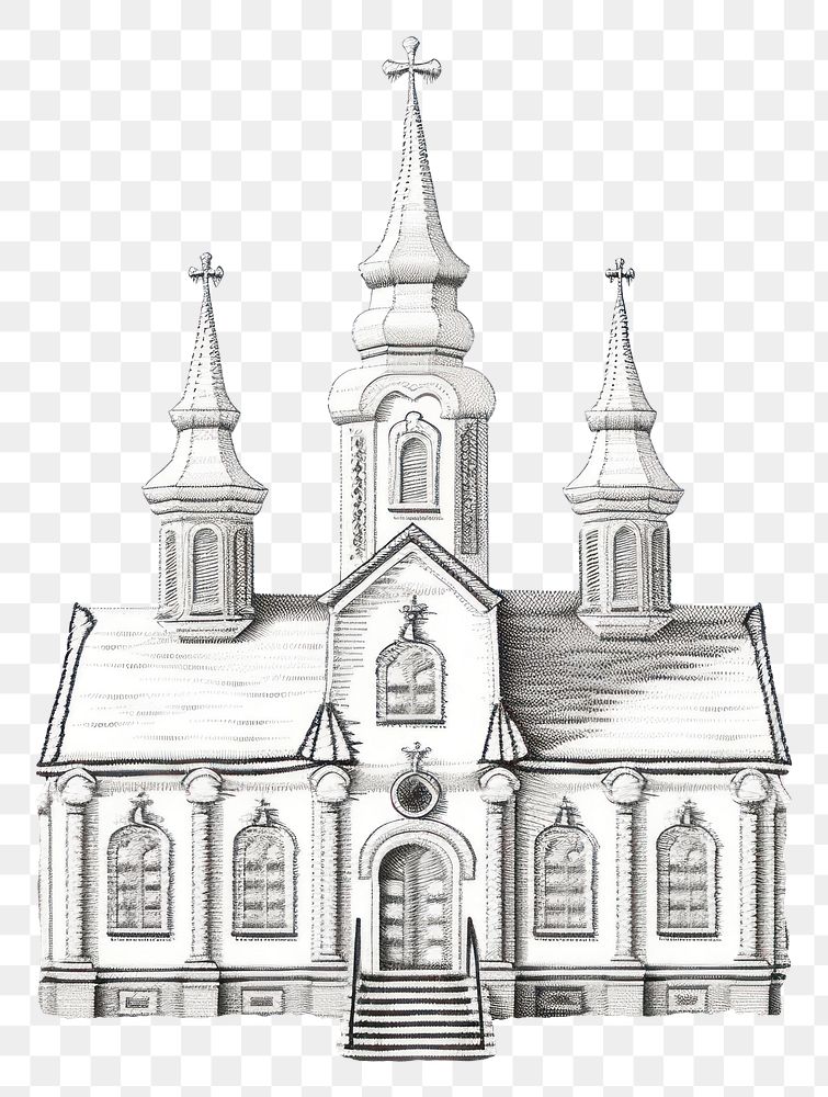 PNG Church in embroidery style architecture building steeple.