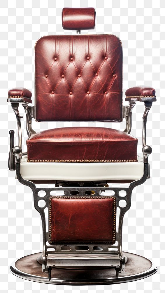 PNG Old barber chair barbershop armchair white background.