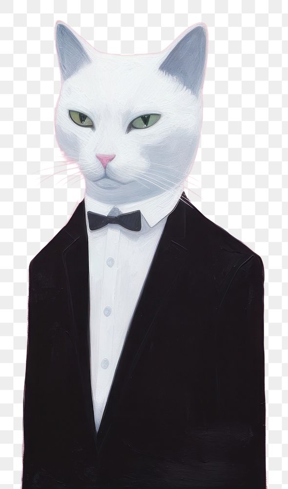 PNG Art painting an illustration of one white cat wear black suit standing alone portrait animal mammal. AI generated Image…