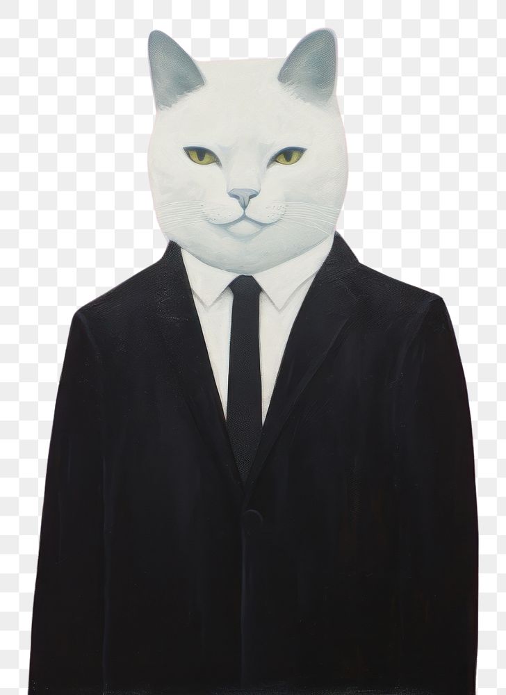 PNG Art painting an illustration of one white cat wear black suit standing alone portrait mammal animal. AI generated Image…