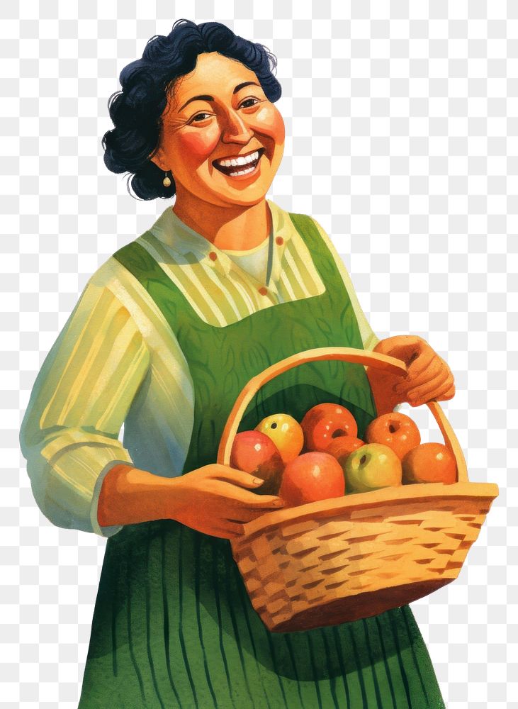 PNG  A woman in green apron holding fruit basket laughing painting portrait adult.