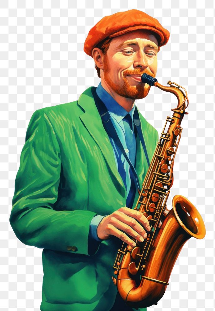 PNG  Man playing saxophone adult jazz white background.