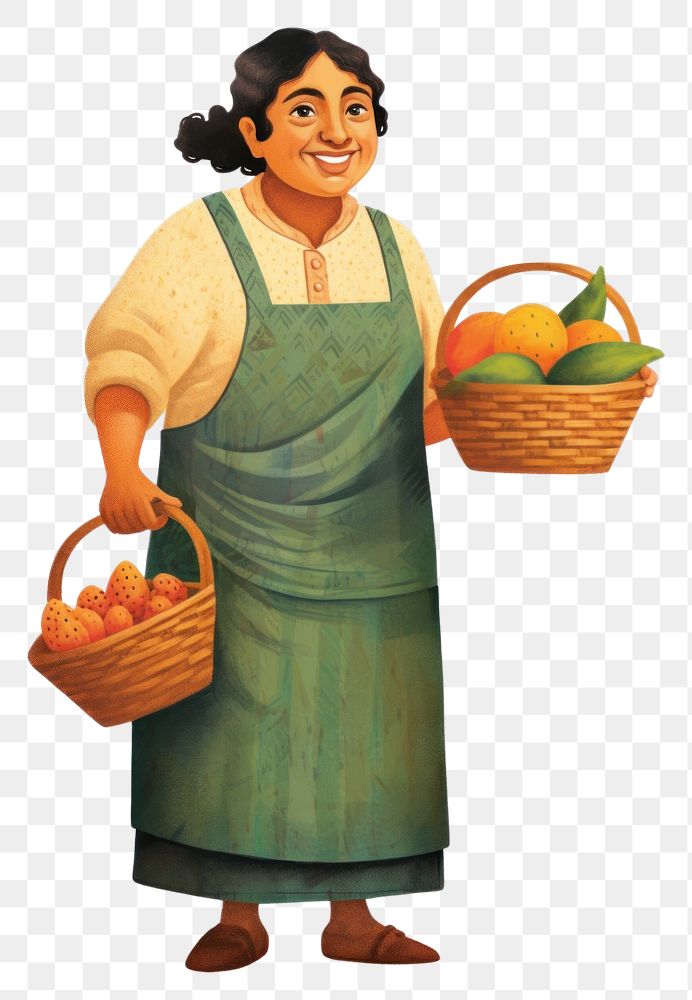 PNG  A happy woman in green apron holding fruit basket standing adult white background.