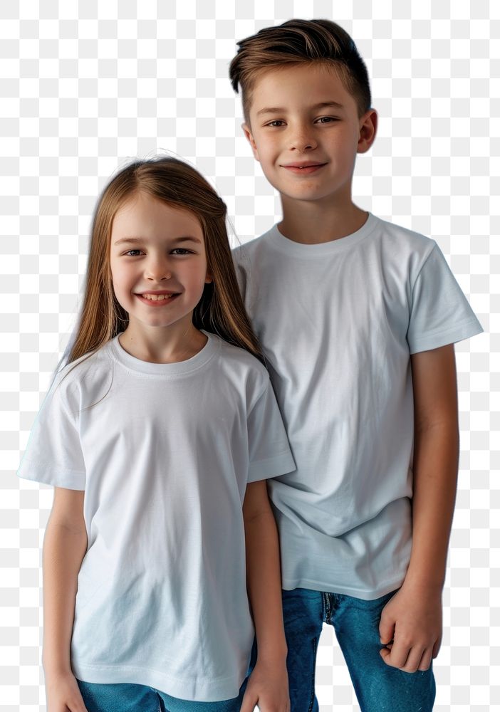 PNG Boy and girl wearing white t-shirts standing toddler smiling.
