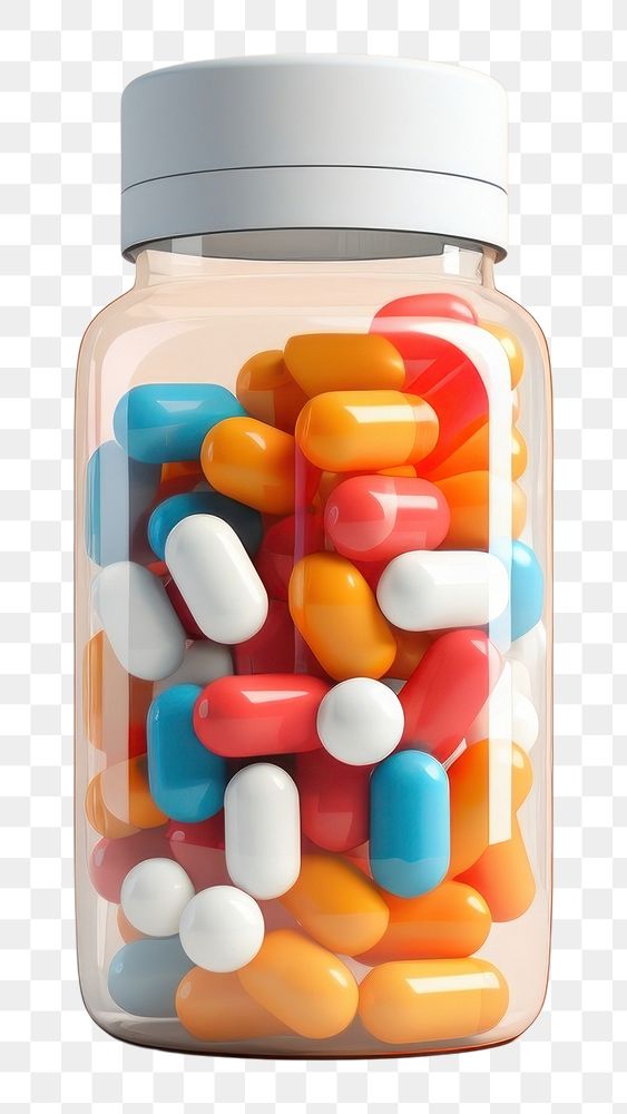 PNG  A medicine bottle filled with colorful medicine capsules pill white background medication. AI generated Image by…