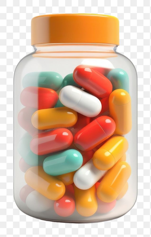 PNG  A medicine bottle filled with colorful medicine capsules pill white background antioxidant. AI generated Image by…