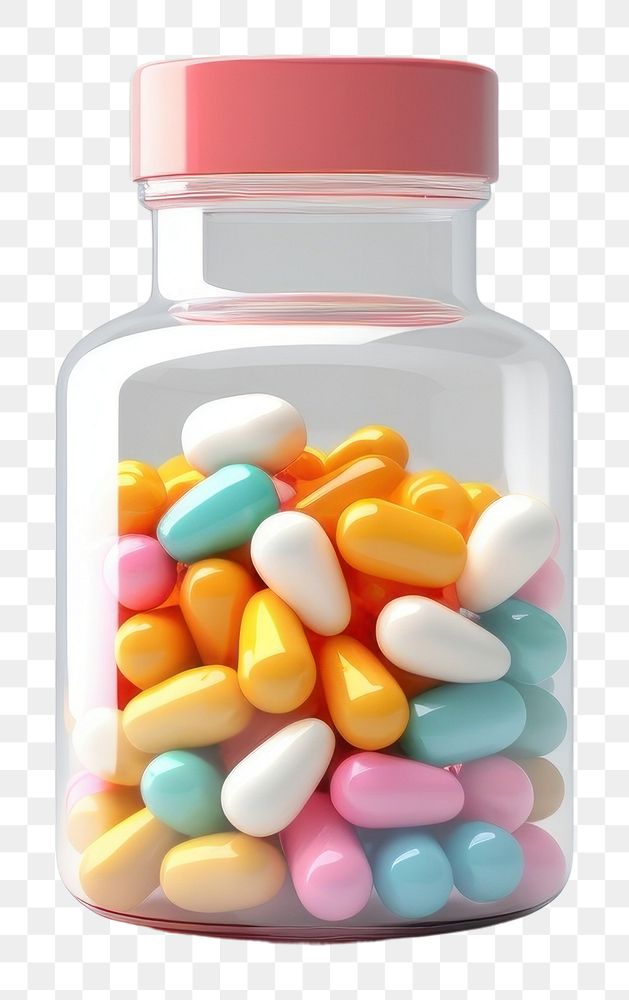 PNG  A medicine bottle filled with colorful medicine capsules pill jar white background. AI generated Image by rawpixel.