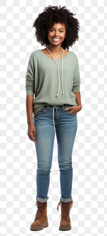PNG  Black girl teenager smiling sleeve jeans.