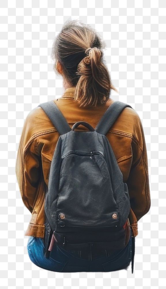 PNG  Trekking woman waterfall landscape backpack.