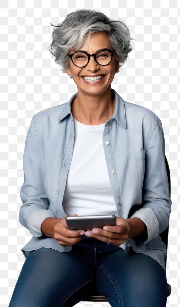 PNG Senior short hair woman wear glasses smile portrait sitting. AI generated Image by rawpixel.