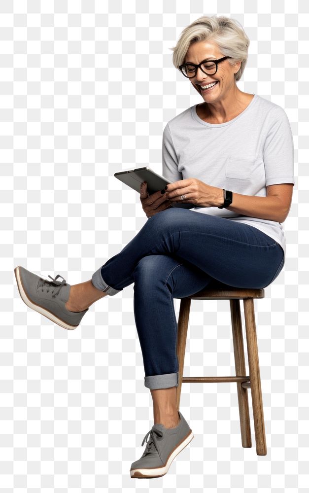 PNG Senior short hair woman wear glasses footwear sitting white background. AI generated Image by rawpixel.