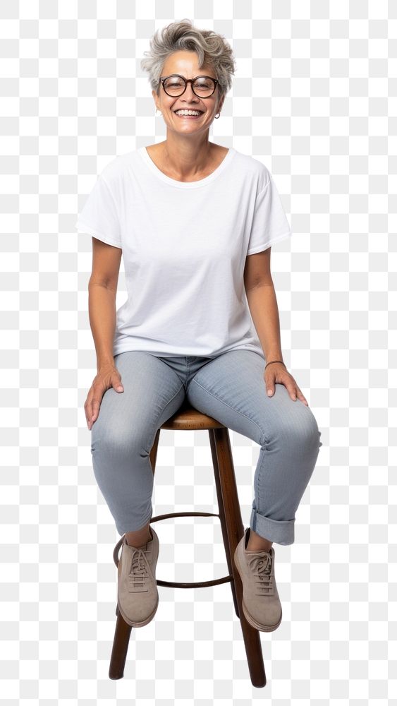 PNG Senior short hair woman wear glasses footwear portrait sitting. AI generated Image by rawpixel.